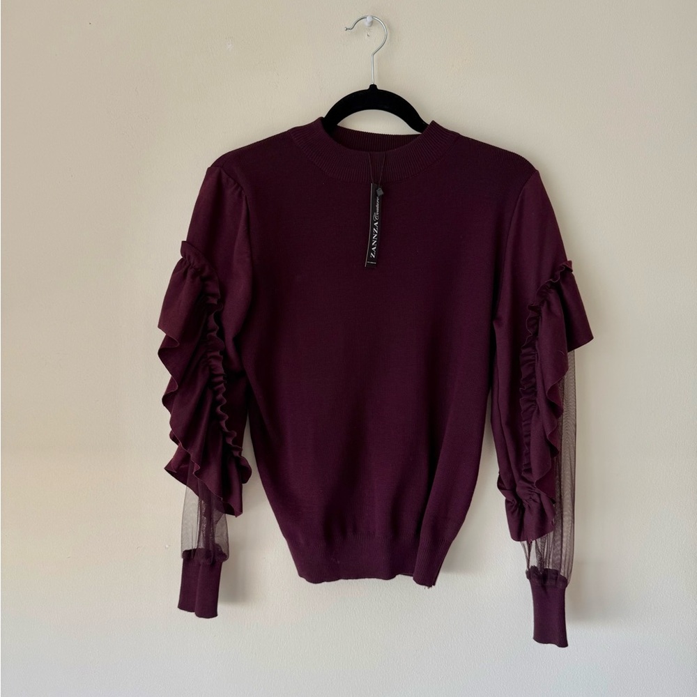 Elegant Burgundy Ruffle Sleeve Sweater